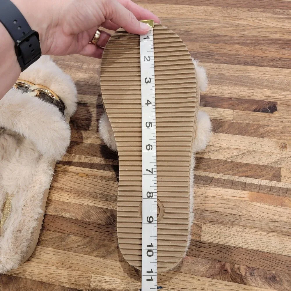Michael Kors Scarlett Chain Cozy Faux Fur Slippers in camel multi color
